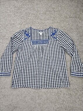 J Crew Navy White Gingham Plaid Blue Floral Embroidered Peasant Top Blouse Sz S